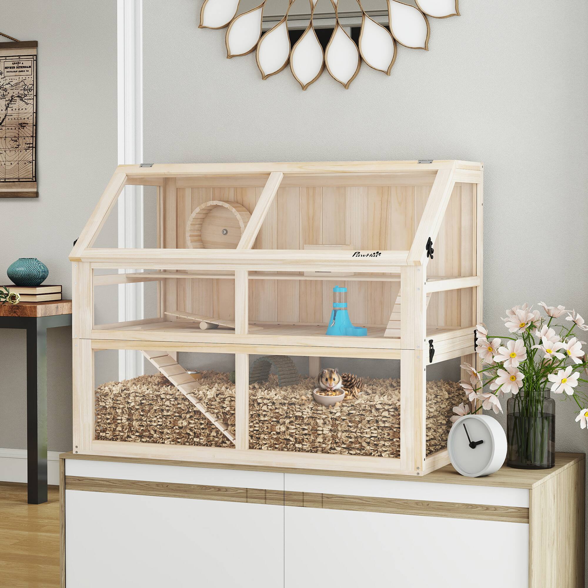 Alt View 1. Pawhut - Tier Wooden Hamster Cage w/ Detachable Bottom, Hut, Seesaw, Exercise Wheel, Ramps - Natural Wood.