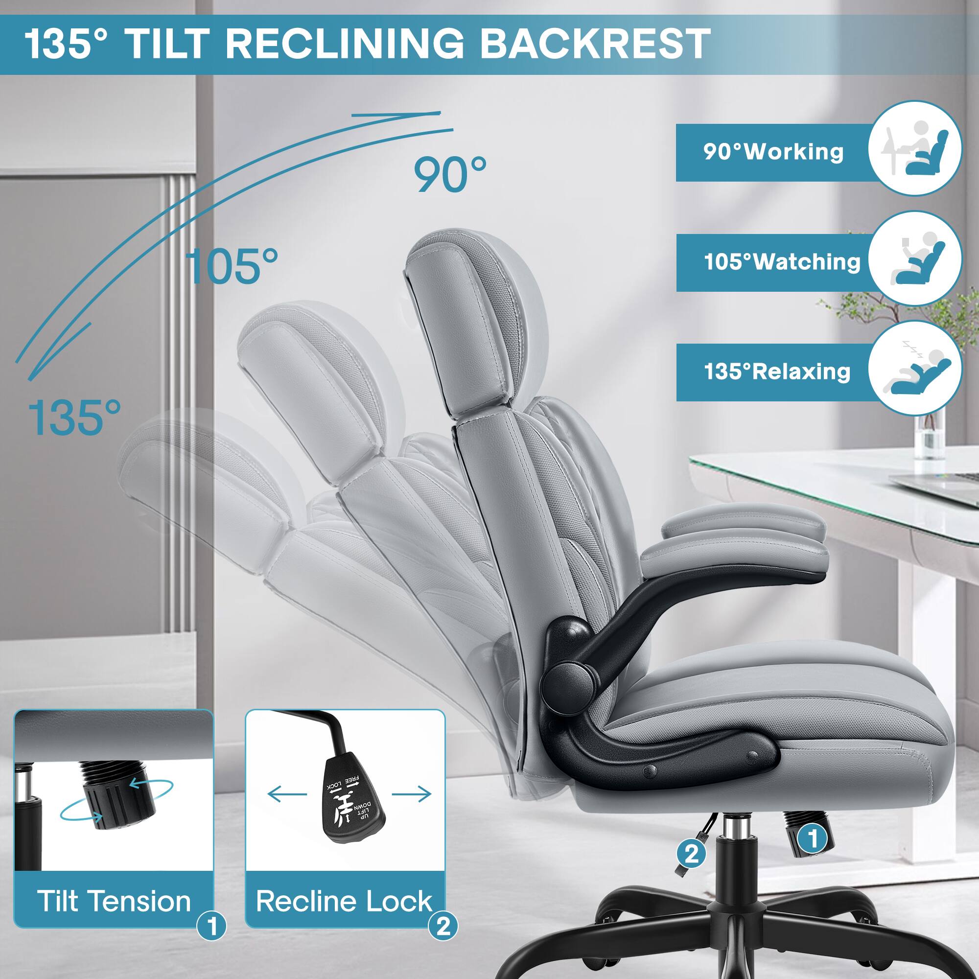 135° TILT RECLINING BACKREST

90° Working  
105° Watching  
135° Relaxing  

- Tilt Tension  
- Recline Lock