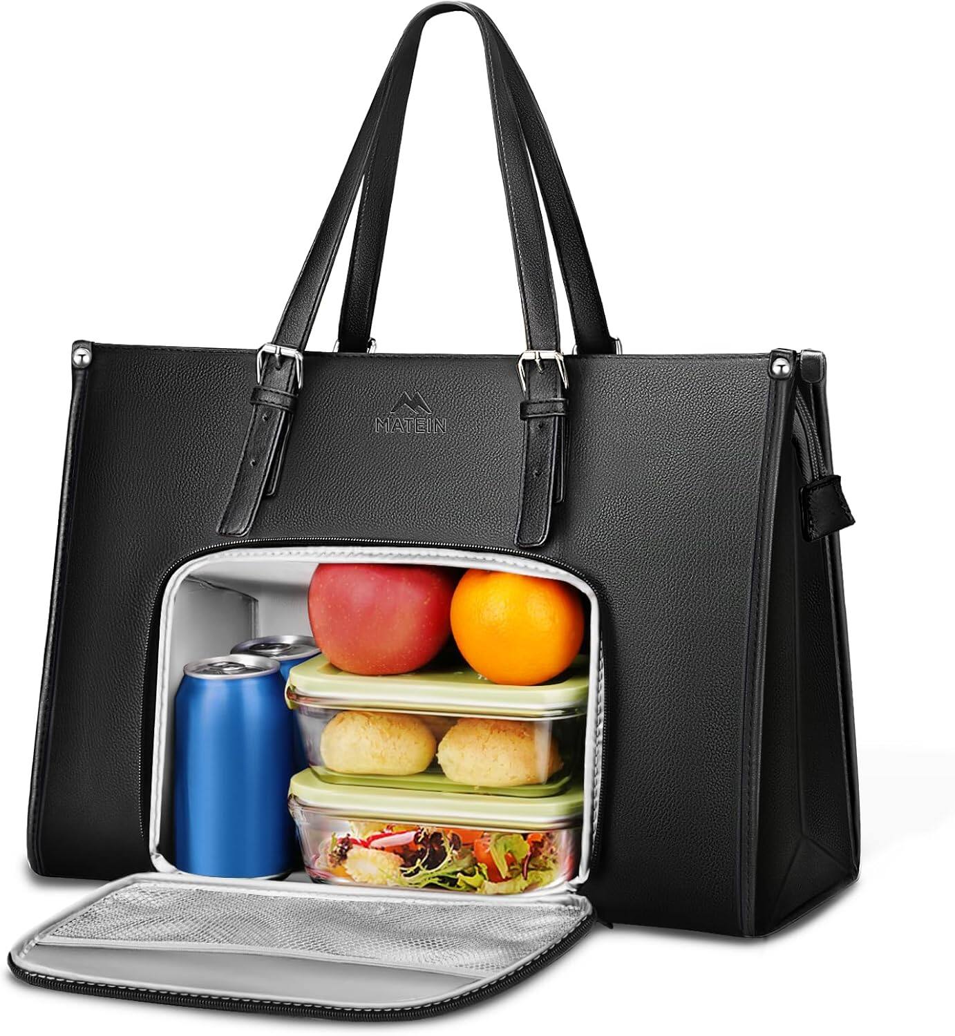 Front. Vulpecula Spade - Laptop Tote Bag with Insulated Lunch Compartment,PU Leather Briefcase with Leakproof Lunch Box Pocket for Women - Black.