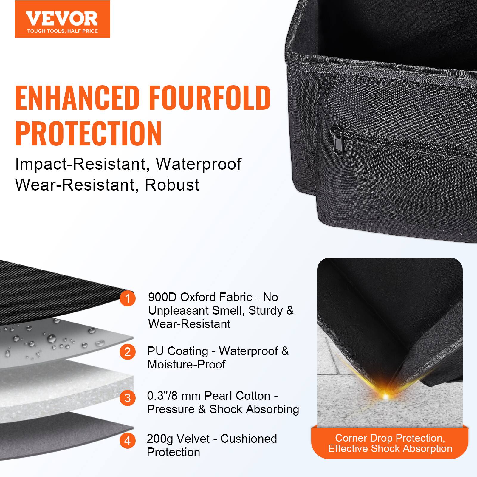 **VEVOR**  
TOUGH TOOLS, HALF PRICE

**ENHANCED FOURFOLD PROTECTION**  
Impact-Resistant, Waterproof, Wear-Resistant, Robust

1. **900D Oxford Fabric**  
   - No Unpleasant Smell, Sturdy & Wear-Resistant

2. **PU Coating**  
   - Waterproof & Moisture-Proof

3. **0.3"/8 mm Pearl Cotton**  
   - Pressure & Shock Absorbing

4. **200g Velvet**  
   - Cushioned Protection

**Corner Drop Protection, Effective Shock Absorption**