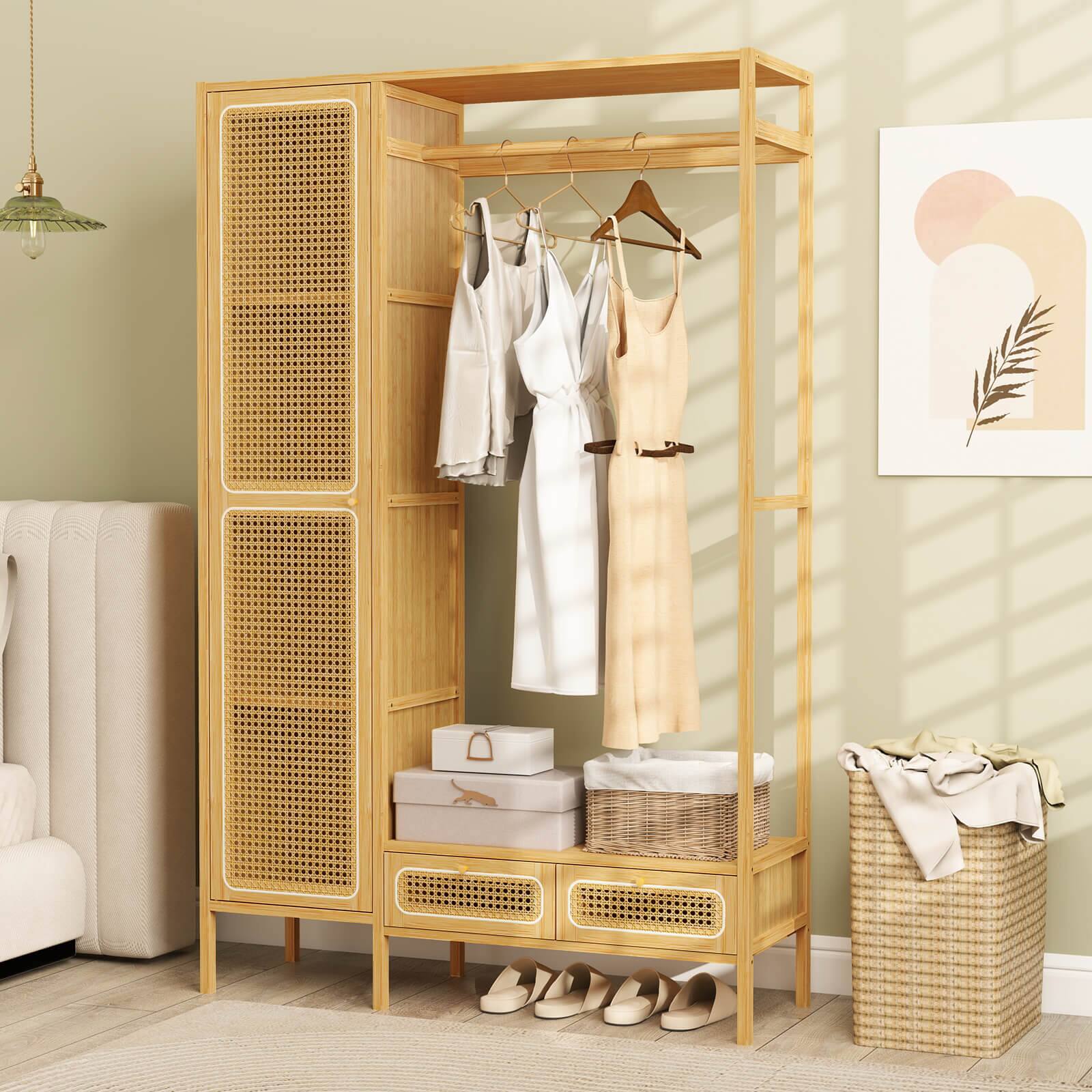 Alt View 4. Costway - Costway Bamboo Clothing Rack with Cabinet Hanging Rod Storage Shelf & Drawers for Foyer - Natural.
