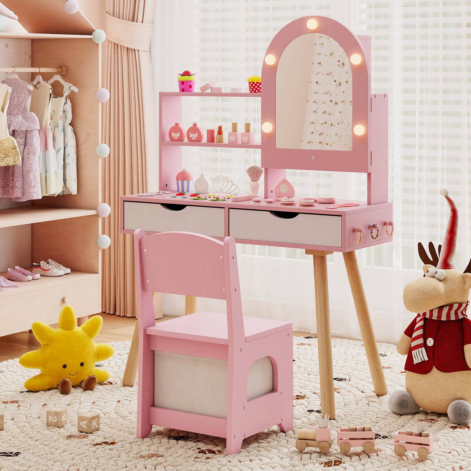 Alt View 1. Costway - Costway Kids Vanity Set with 3-Color Lighting Modes, Adjustable Brightness, Mirror Cabinet - Pink.