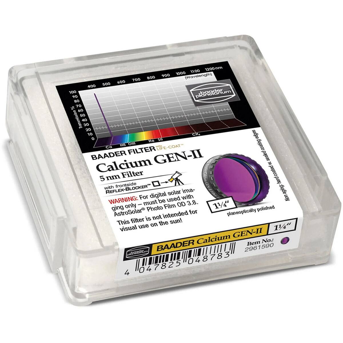 12:00 nm 1000 1100 0 900 (Wavelength) 600 700 400 500 100  
bogder 90 80 70 60 50  
Transmission 40 30 20 10 0  
5M CH, ediges Ha  
Oli coating ca  
D E-COAT FILTER LIF BAADER GEN-II  
sealed Calcium W Filter coated 5 nm hard with frontside  
GINA REFLEX-BLOCKER solar ima-  
aging: For digital used with Non  
WARNING: I must be OD 3.8.  
ging only Photo Film 11/4  
polished AstroSolar intended for planeoptically filter is not this the sun! use on 11/44 visual GEN-II Calcium Item No.: BAADER 2961590  
048783 4 047825