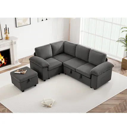 Front. Brick Attic - 4 to 7 Seat Modular Pull Out Sofa Bed with Storage Ottoman Washable Covers and Side Pockets for Living Room - GR-5 Seat - Ottoman.