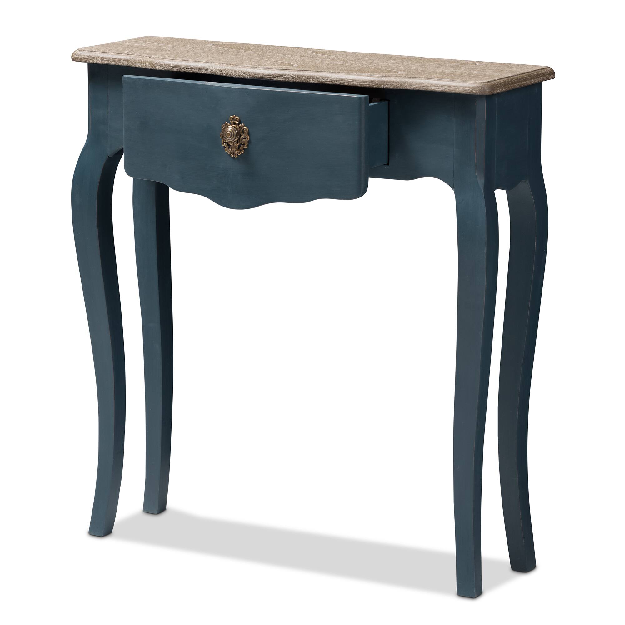 Angle. Baxton Studio - Mazarine Classic and Provincial Spruce Finished Console Table - Blue.