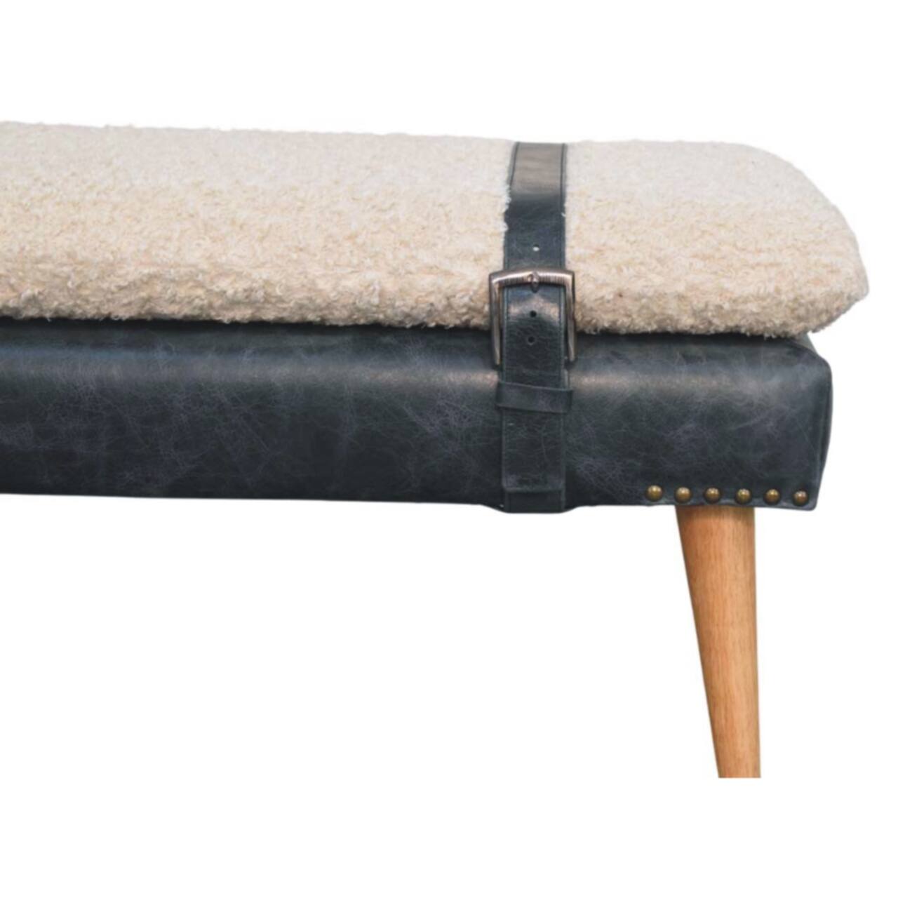 Back. Artisan Furniture - Artisan Furniture Solid Wood Boucle x Black Leather Bench, Upholstered, Black and White - Black and White.