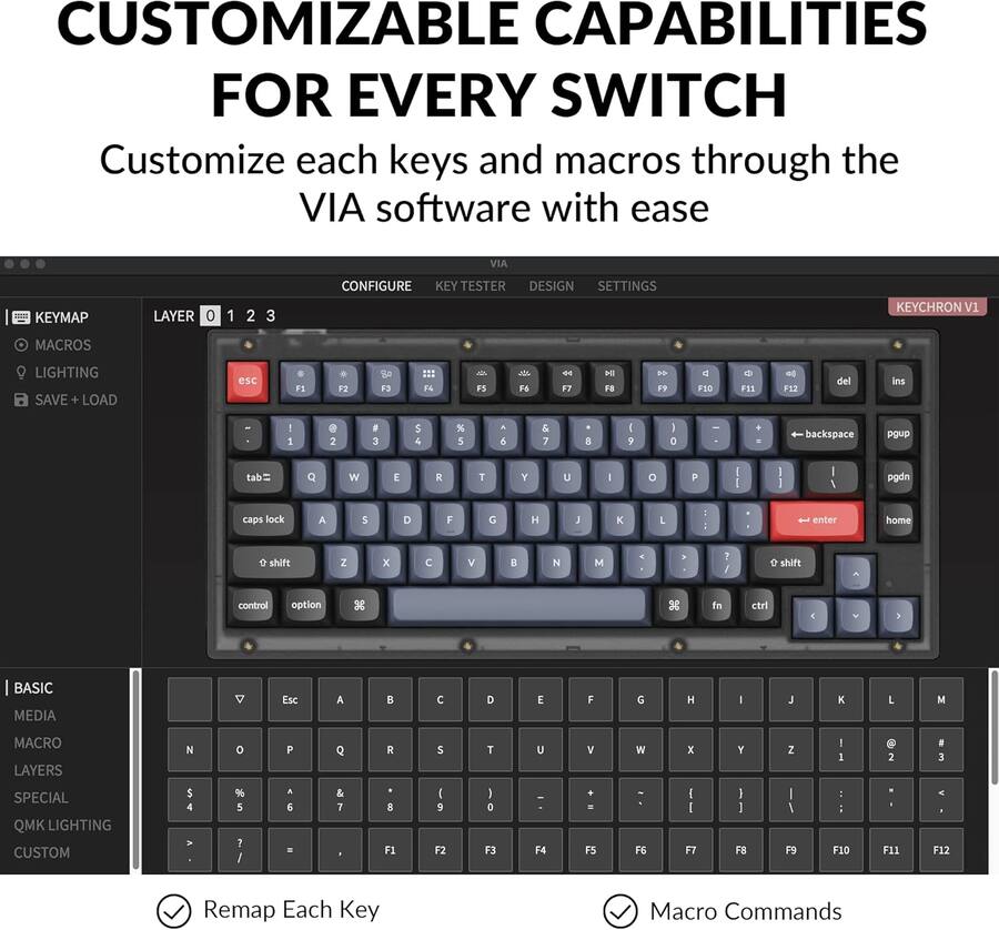 Keychron V1 75% Custom Wired RGB Mechanical Keyboard with Programmable ...