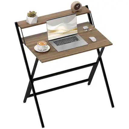 Front. Homcom - Small Folding Desk, 32 Inch Foldable Computer Desk with Monitor Shelf, Space Saving Portable Writing Table - Walnut.
