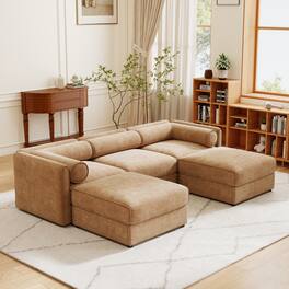 Anysun - Chenille U-Shape 3-Seater Sofa with Ottoman & Hidden Storage - Cylindrical Backrest & Armrests, Contemporary - Camel