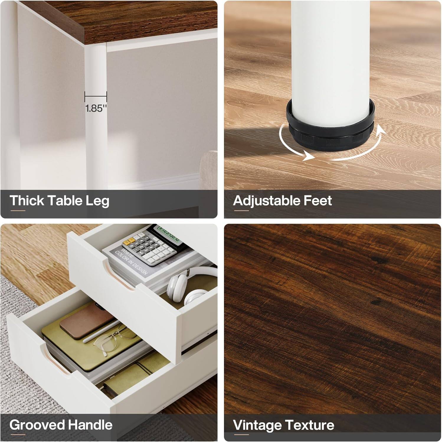 1.85" Thick Table Leg  
Adjustable Feet  
Grooved Handle  
Vintage Texture