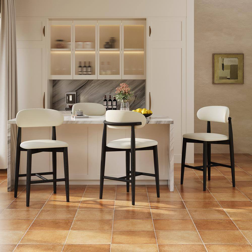 Left. POVISON - 24" Assembled Mid-Century Modern Wood Counter Height Bar Stools Set of 2, Faux Leather Counter Stools, Beige & Black - Beige & Black PU Leather.