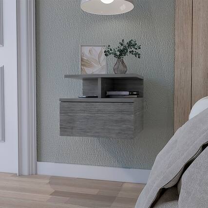 Front. Loheer - Loheer Floating Nightstand with Drawer, Two-Tier Wall-Mounted Bedside Table, Smoke Finish - Smoke.