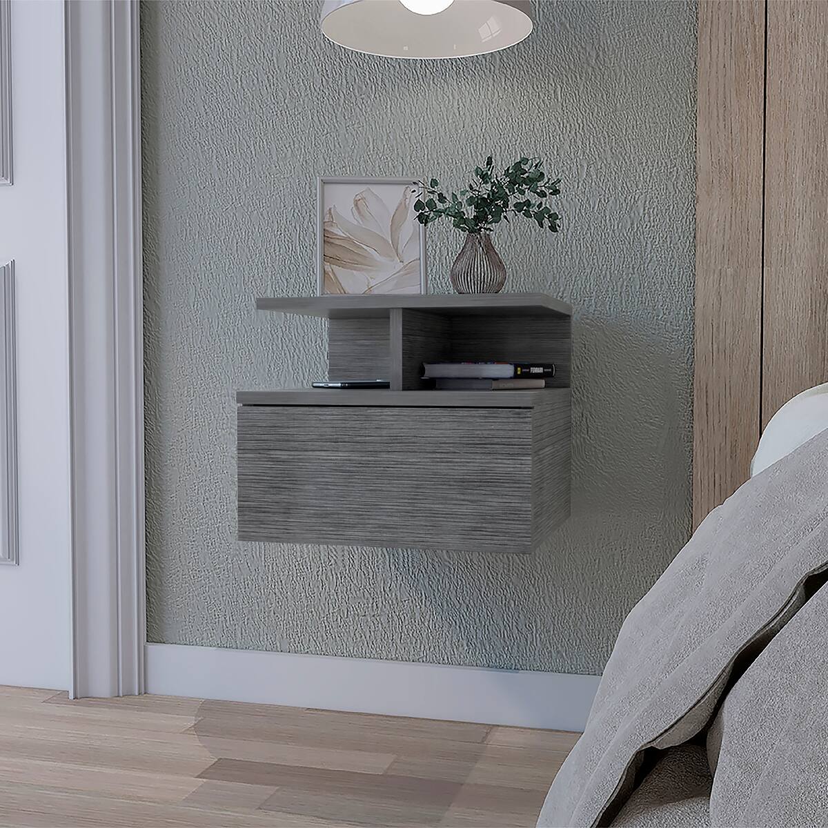 Front. Loheer - Loheer Floating Nightstand with Drawer, Two-Tier Wall-Mounted Bedside Table, Smoke Finish - Smoke.