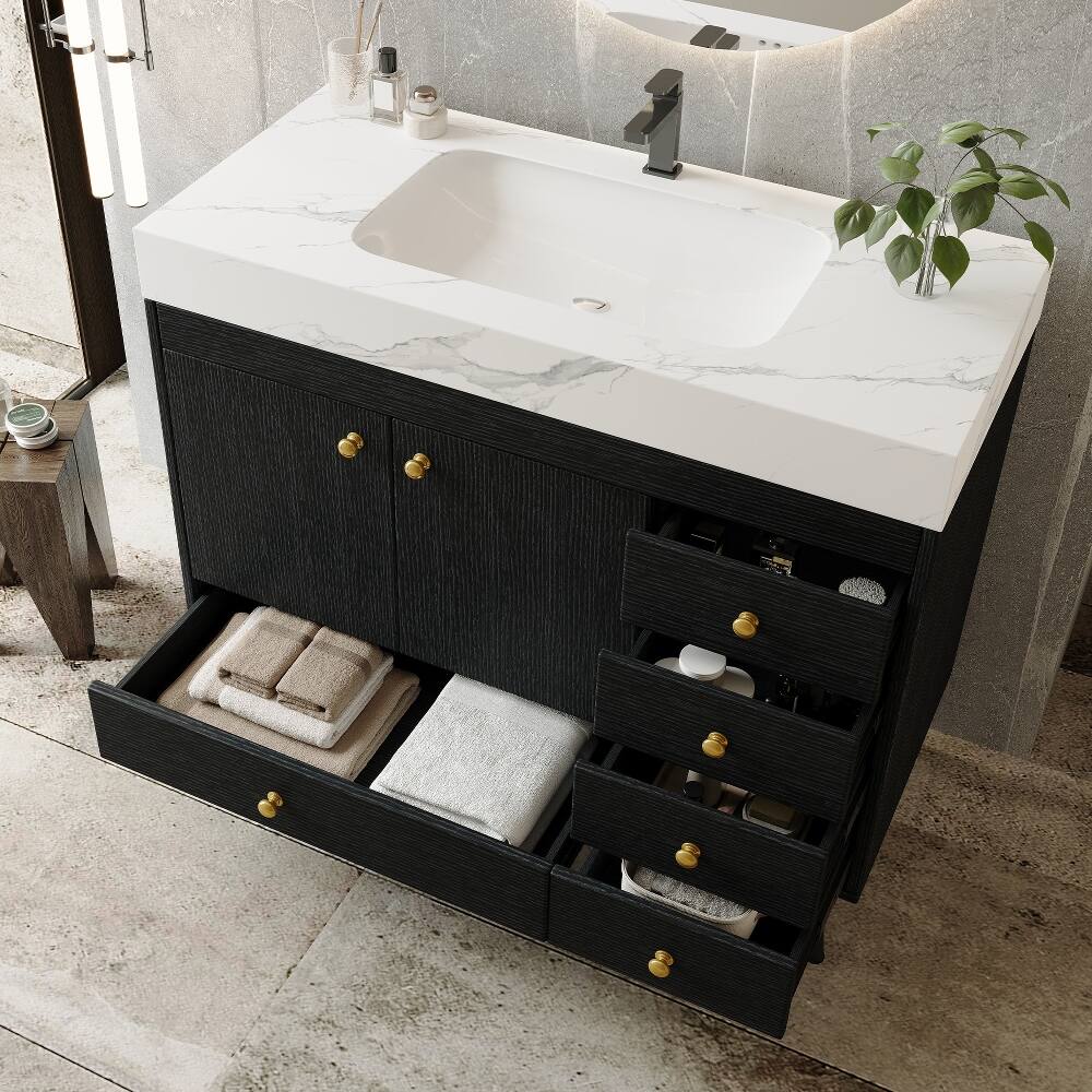 Left. Loheer - Loheer 36 inch freestanding bathroom vanity with faux marble top, ceramic sink, 5 drawers, black - Black.