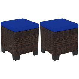 Outsunny - 2 Pieces Outdoor Patio Ottomans, All Weather Wicker Outdoor Footstools with Removable Cushions - Dark Blue