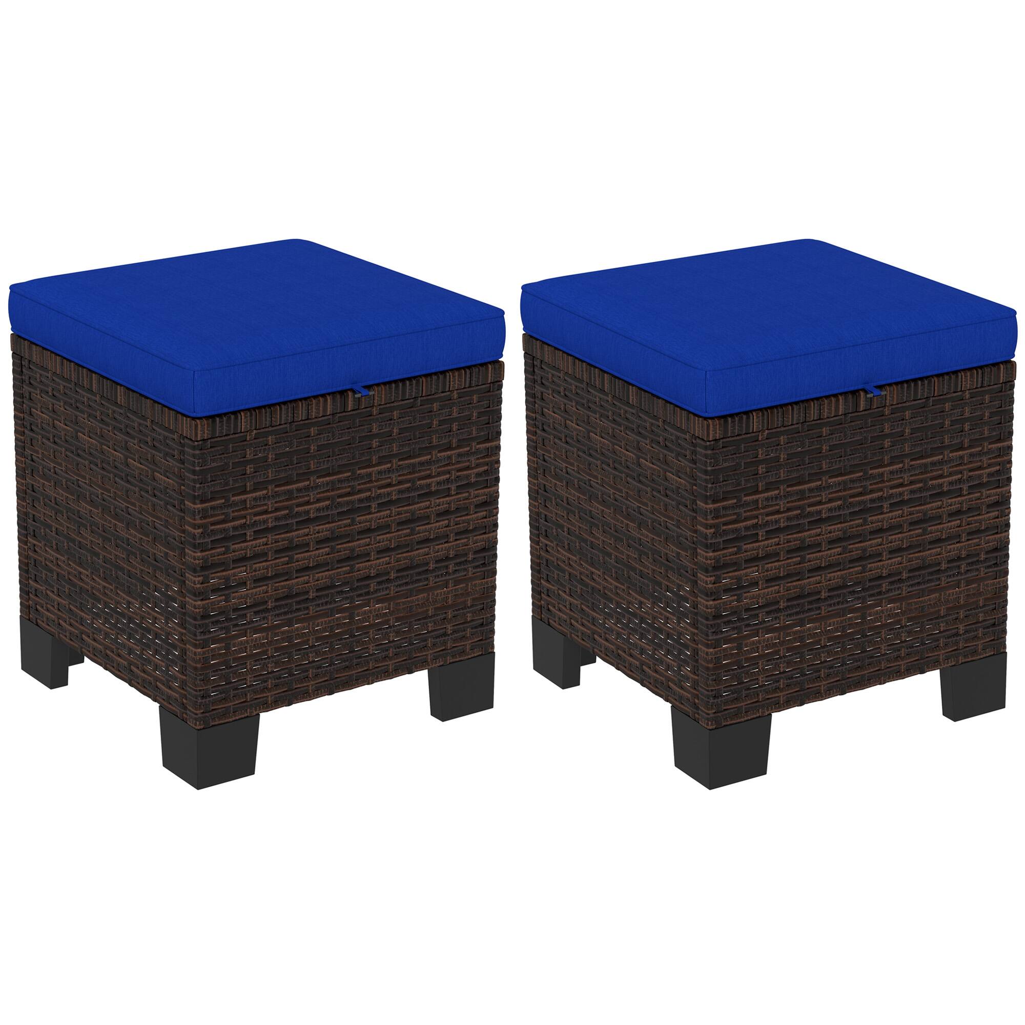 Front. Outsunny - 2 Pieces Outdoor Patio Ottomans, All Weather Wicker Outdoor Footstools with Removable Cushions - Dark Blue.