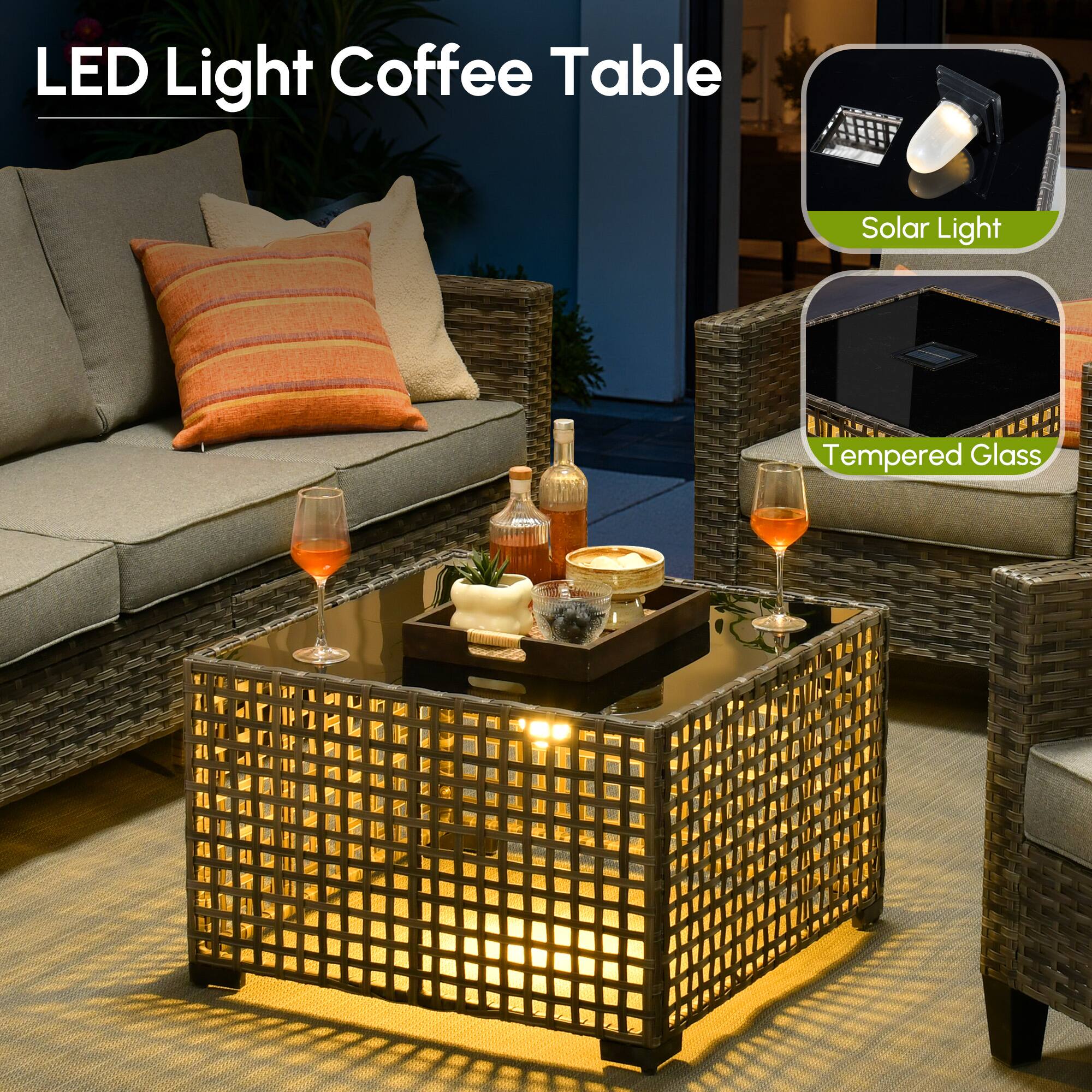 LED Light Coffee Table - Solar Light Tempered Glass