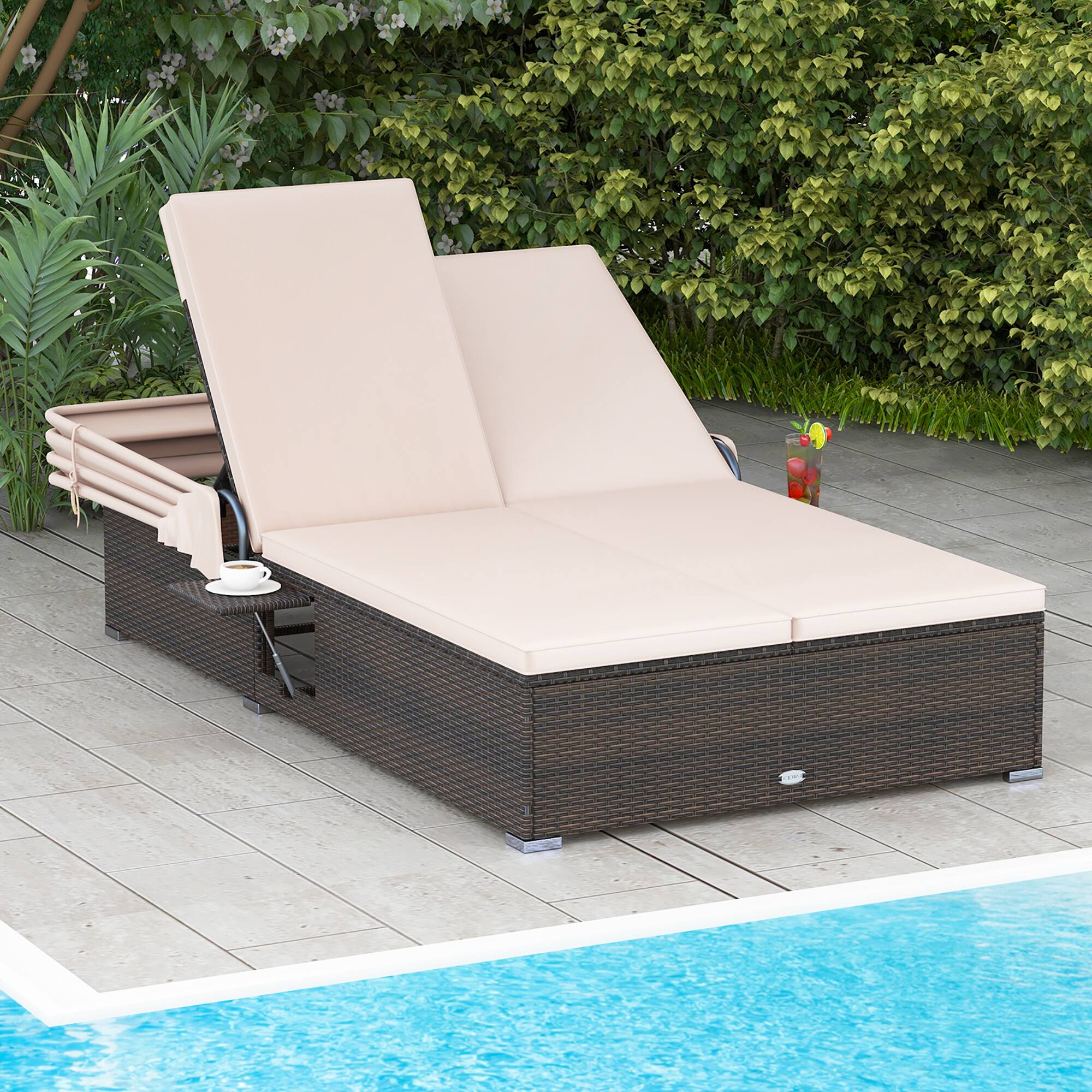 Alt View 3. Gymax - Gymax 2-person Rattan Lounge Bed w/ Retractable Canopy 5-position Adjustable Backrest Beige - Beige.