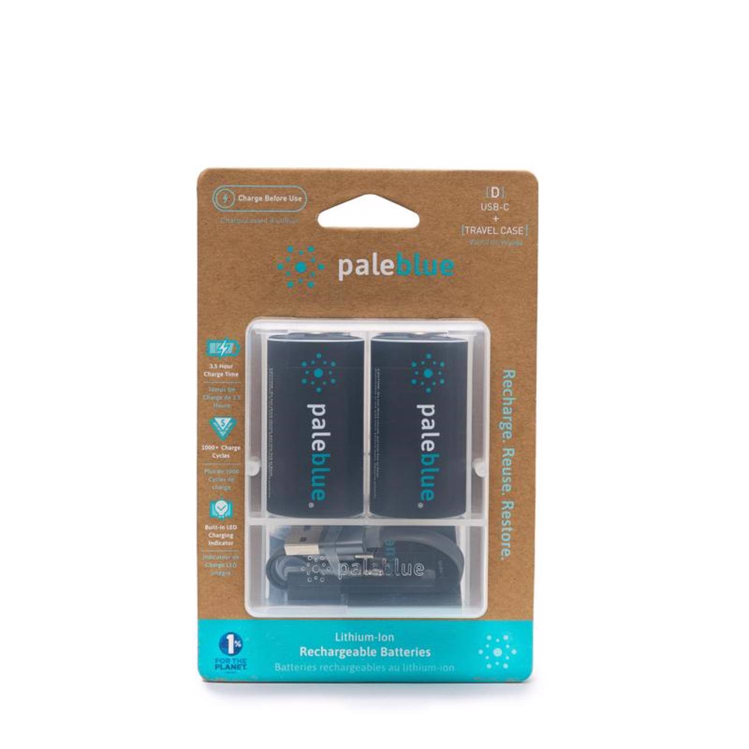 Before Use D Charge USB-C + TRAVEL CASE paleblue WESTA 11 Charge Tshr OF de 1000. Cycles $ Charge paleblue pale Recharge. Cycles blue Reuse. twis-in LED Restore. Charging Indicator paleblue Lithium-lon Rechargeable Batteries FORTHE PLANET Batteries rechargeables au lithium-ion