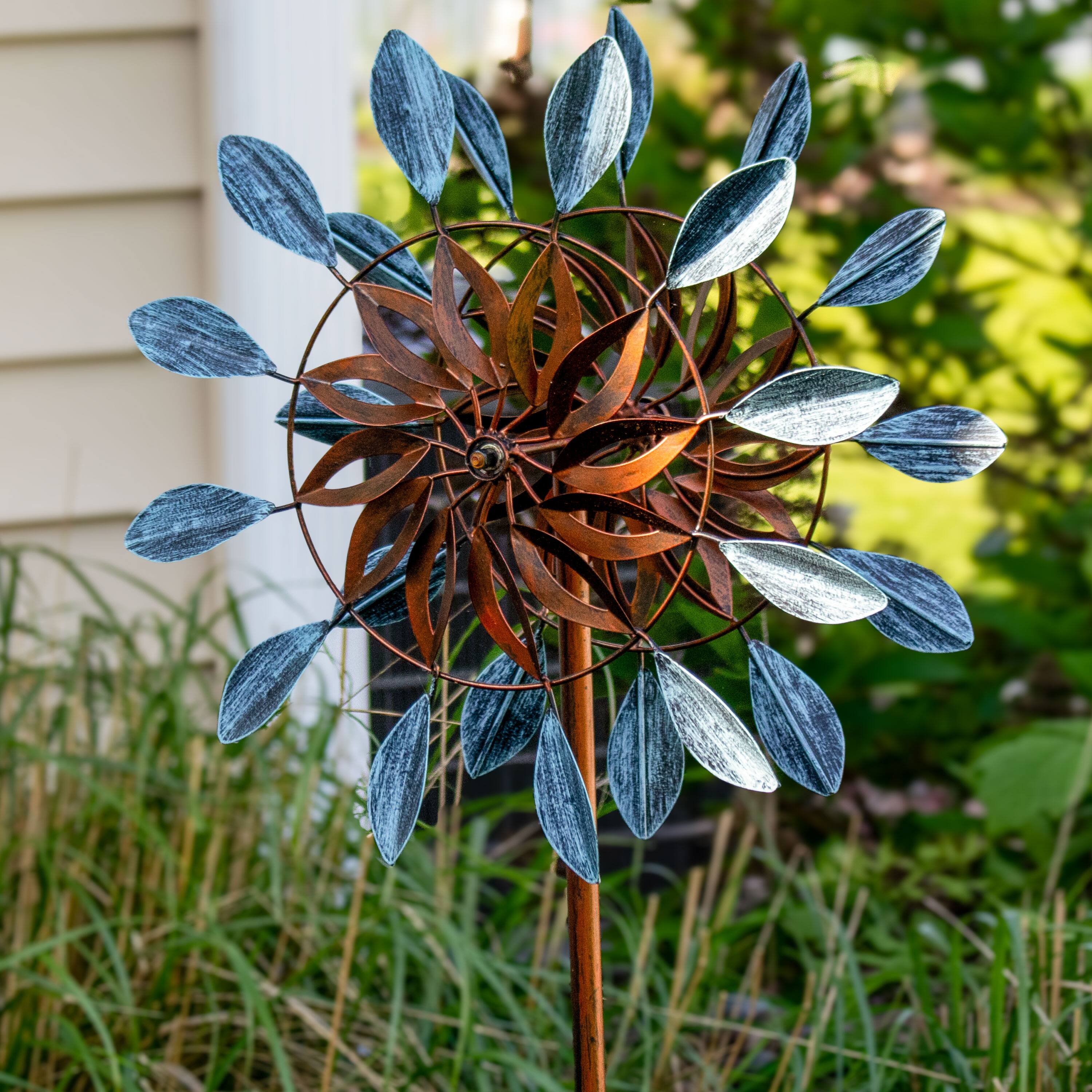 Alt View 5. Sunnydaze - Whirling Petals Powder-Coated Iron Wind Spinner - 48"H - Blue.