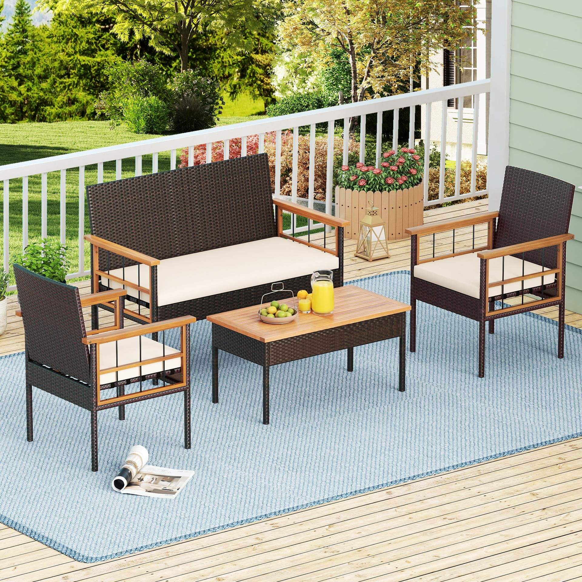 Alt View 3. Costway - Costway 4 PCS Wicker Furniture Set with Acacia Wood Tabletop Armrests Cushions for Backyard - Mix Brown+Off-White.