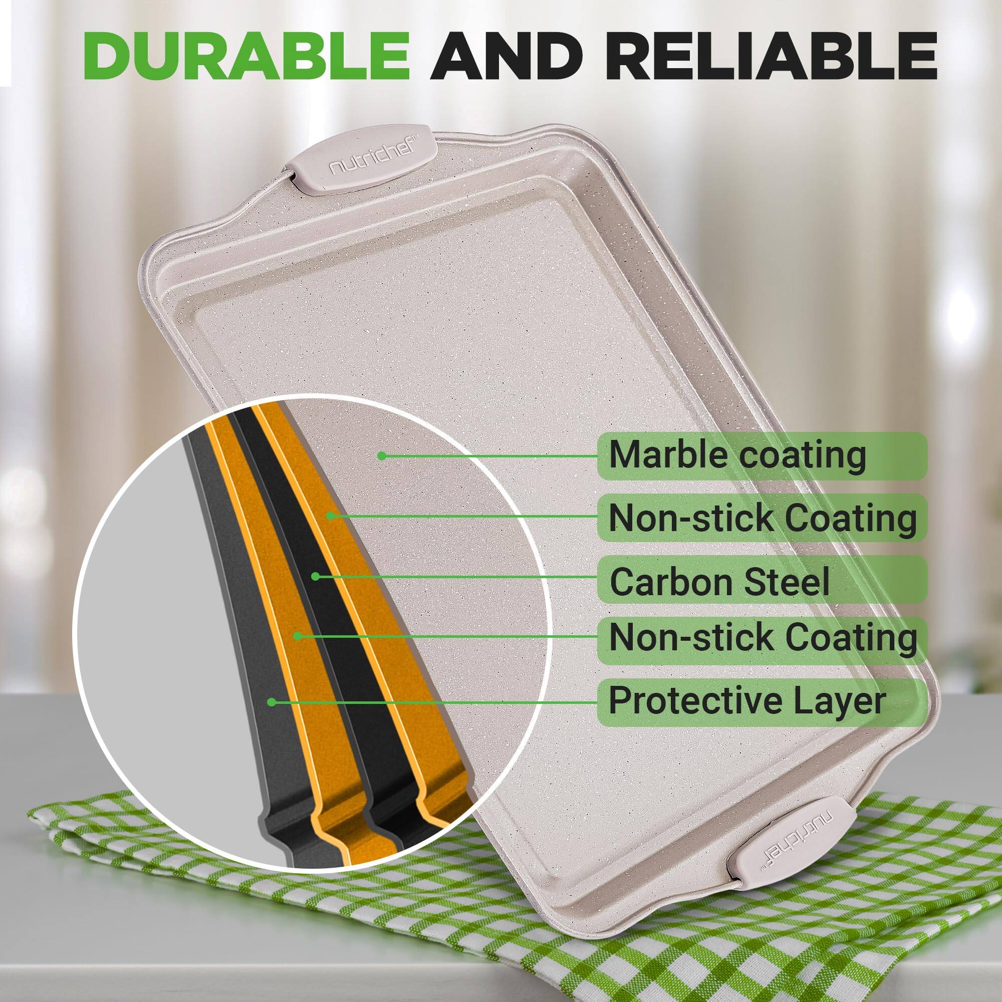 DURABLE AND RELIABLE

nutricher

Marble coating  
Non-stick Coating  
Carbon Steel  
Non-stick Coating  
Protective Layer