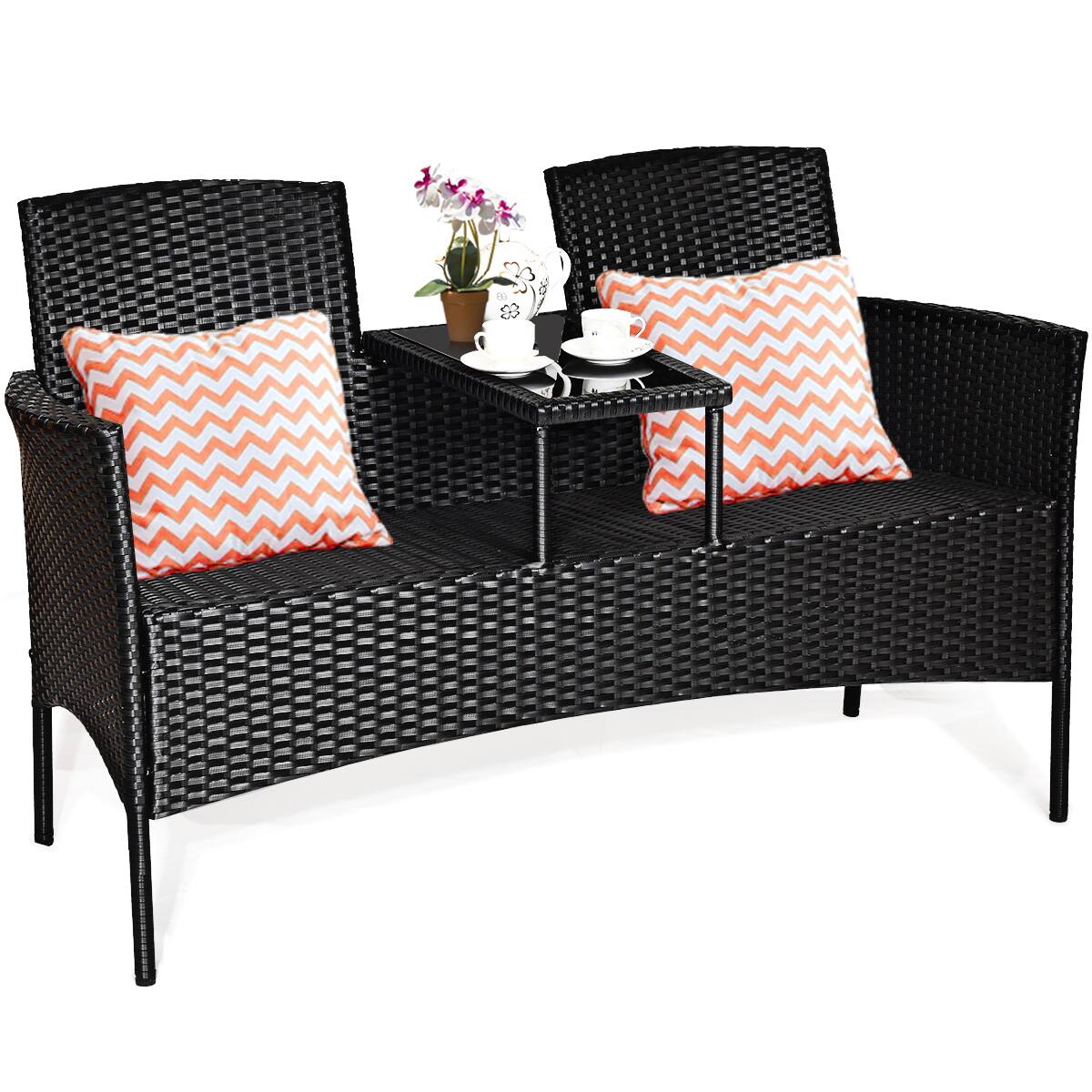 Alt View 8. Costway - Costway Patio Rattan Conversation Set Seat Sofa Cushioned Loveseat Glass Table Chairs - As pictures show.