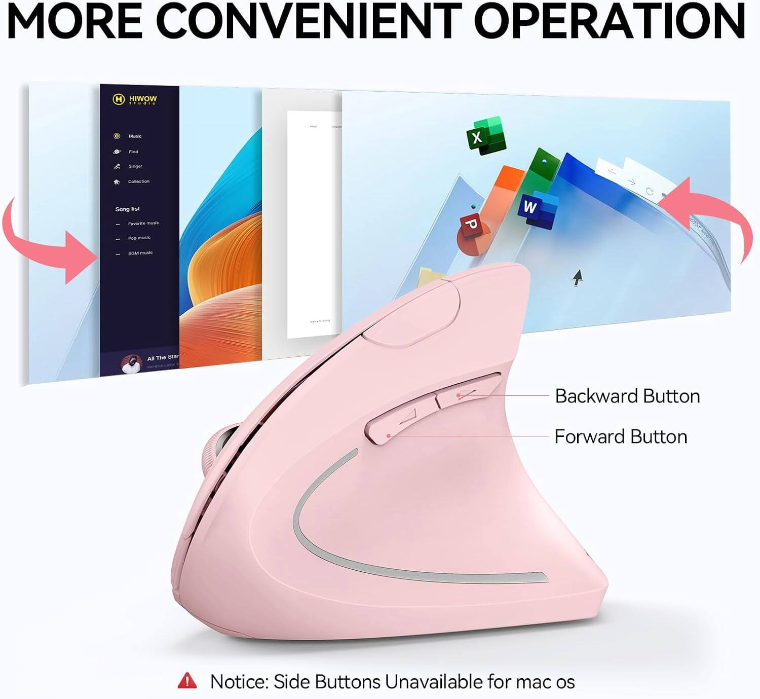 MORE CONVENIENT OPERATION

HIWOW
Music
Find
Singer
Collection
Song list
- Favorite music
- Pop music
- FM music
- SD card music
All The Star

Backward Button
Forward Button

Notice: Side Buttons Unavailable for mac OS