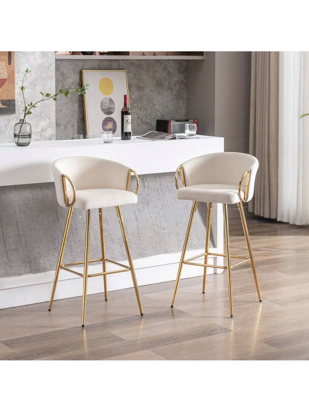 Alt View 1. Trinkets Crazed - 26" Velvet Counter Stools Set Of 2, Luxury Bar Chair With Low Back and Gold Legs For Kitchen Island - Beige.