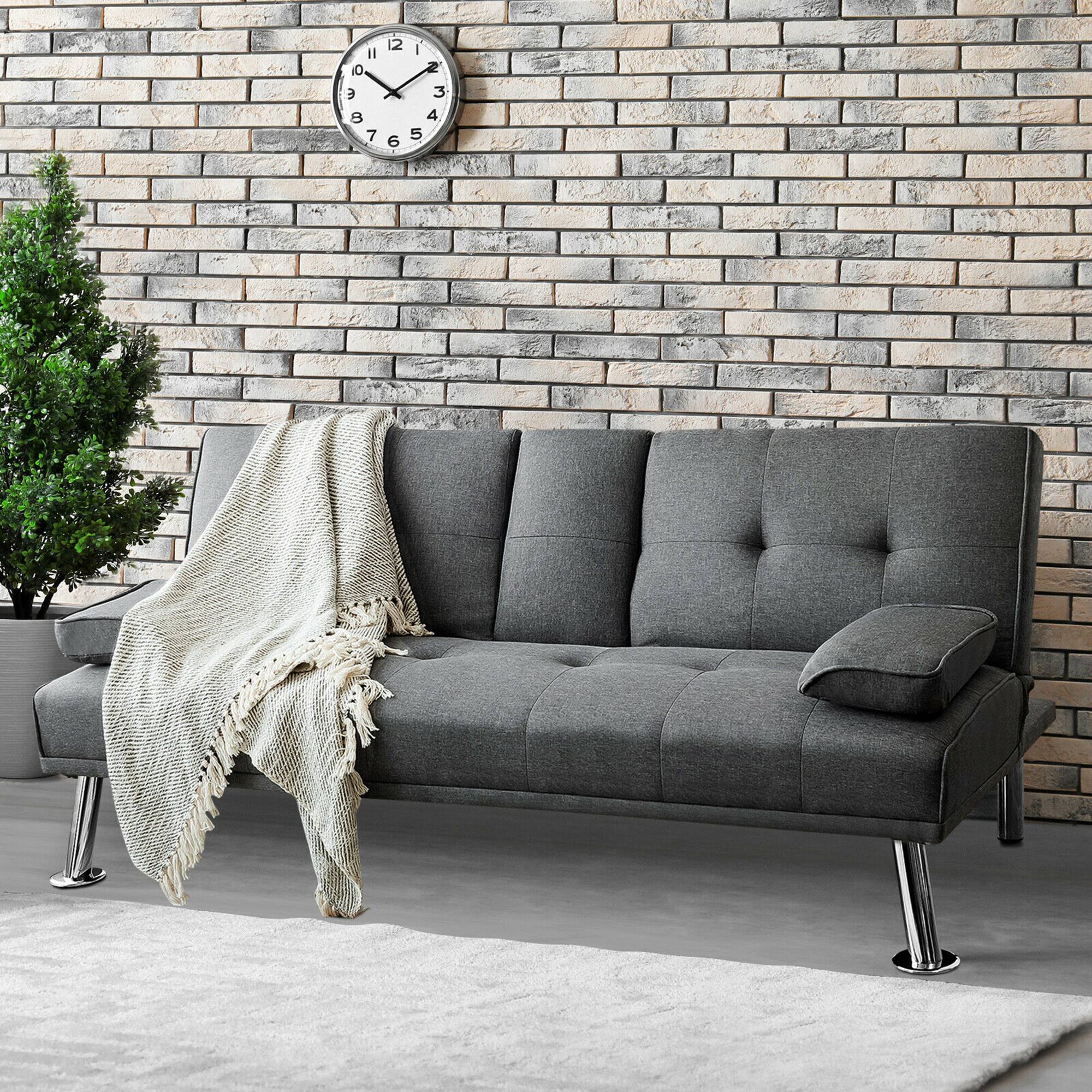 Alt View 3. Gymax - Gymax Convertible Folding Futon Sofa Bed Fabric w/2 Cup Holders Dark Gray - Dark Gray.