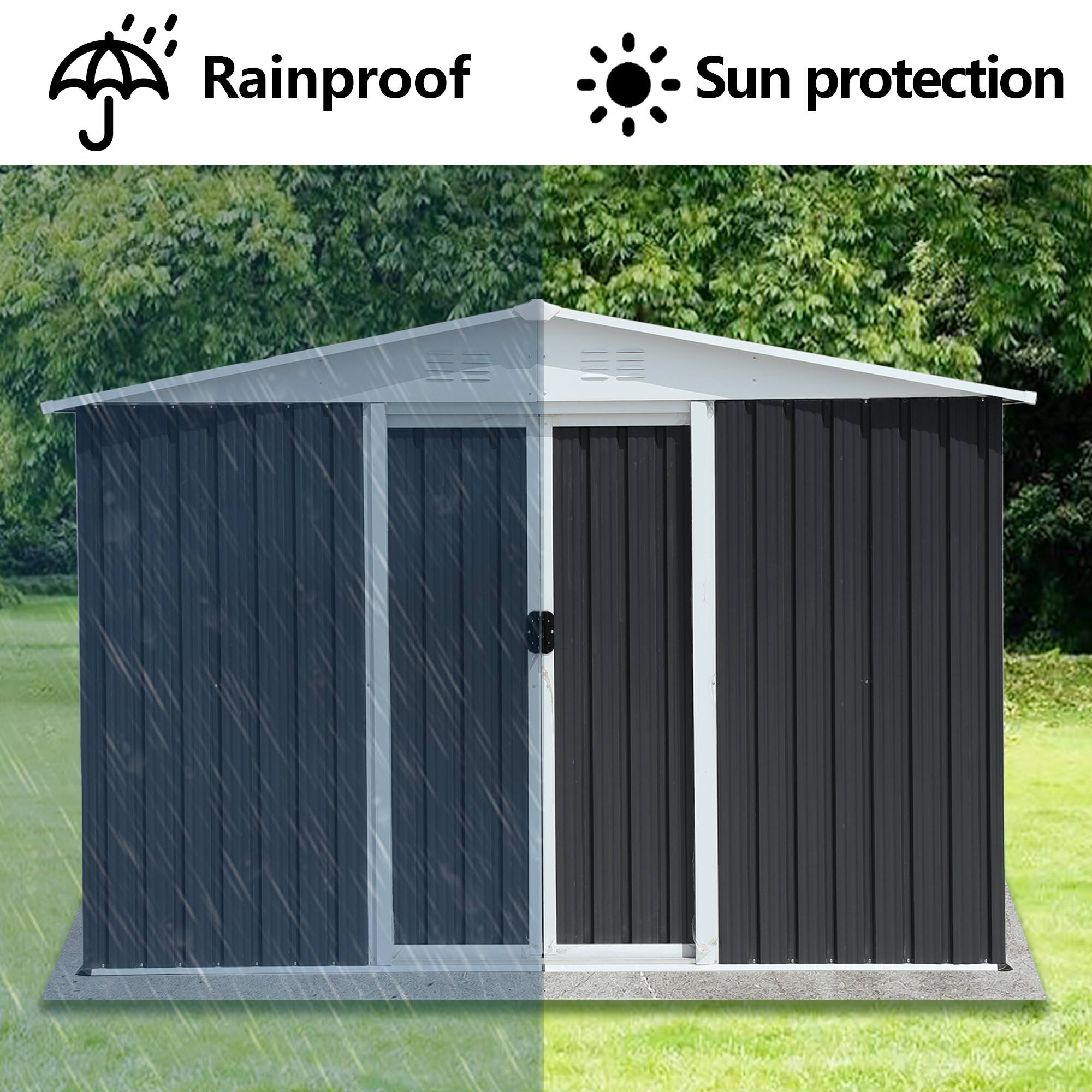 Angle. TinyHomie - 8 x 6 FT Apex Roof Dark Grey Aluminum Alloy Frame Garden Shed With Sliding Door.