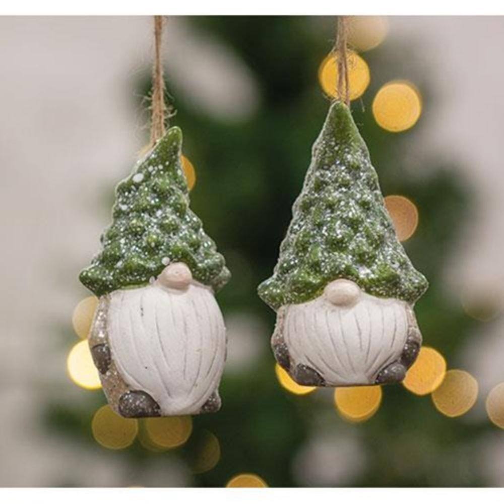 Angle. BreeBe - Evergreen Tree Hat Gnome Ornament 2 Asstd. - Green, White.