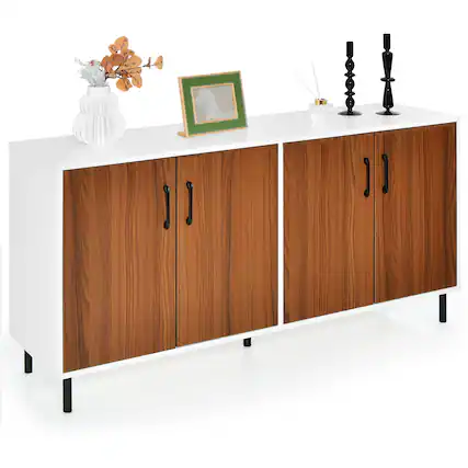 Front. Costway - Buffet Server Sideboard Kitchen Storage Cabinet Cupboard with Shelves & 4 Doors - White/Walnut.