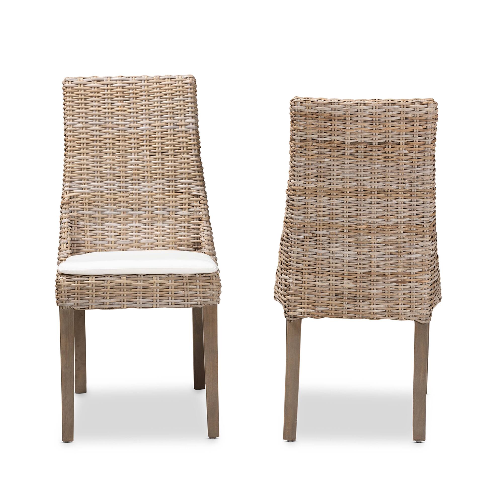 Angle. bali & pari - Toby Modern Bohemian Rattan 2-Piece Dining Chair Set - White/Greywashed/Brown.