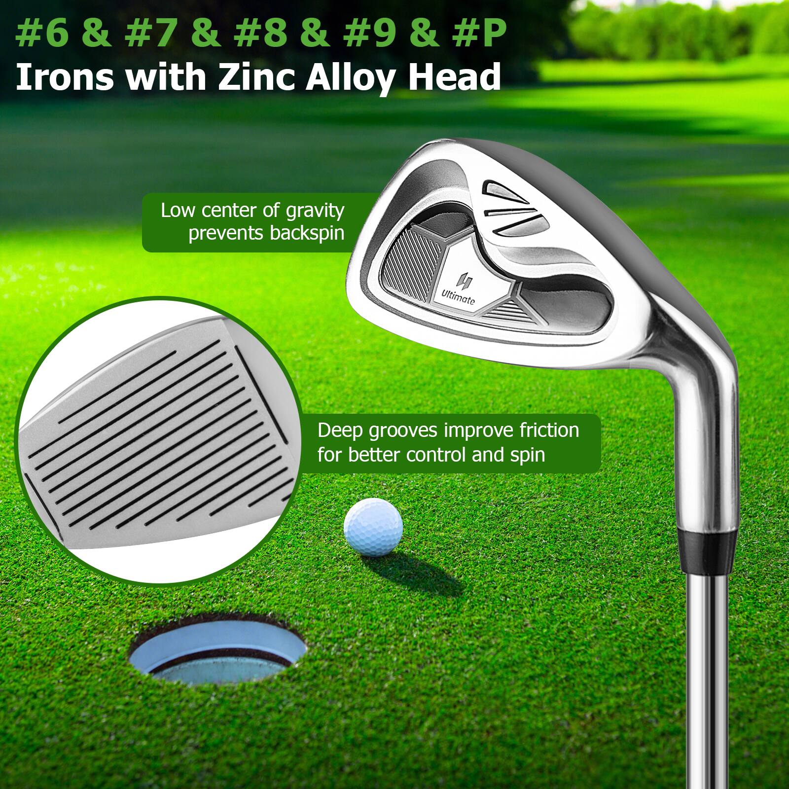 #6 & #7 & #8 & #9 & #P  
Irons with Zinc Alloy Head

- Low center of gravity prevents backspin
- Deep grooves improve friction for better control and spin