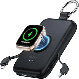 RORRY - CharmGo 10000mAh Portable Charger, 20W Power Bank with Built-in Cables, Keychain Design, for iPhone & Apple Watch - Black