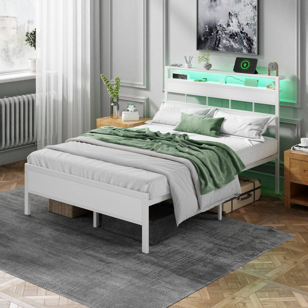 Alt View 3. Furnulem - Bed Frame with Storage Headboard Charging Station LED Lights Metal Platform Heavy Duty No Box Spring Needed Modern - White.