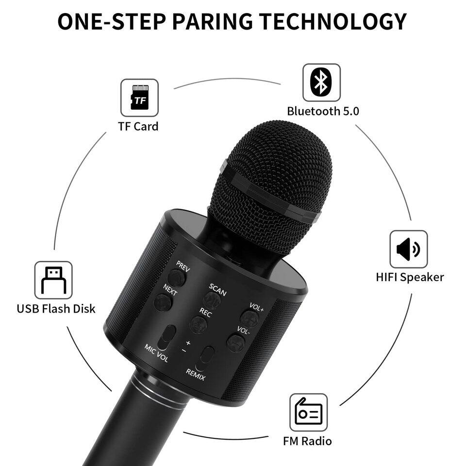 ONE-STEP PARING TECHNOLOGY

- TF Card
- Bluetooth 5.0
- USB Flash Disk
- HIFI Speaker
- FM Radio

Buttons:
- PREV
- NEXT
- SCAN
- REC
- VOL+
- VOL-
- MIC VOL
- REMIX