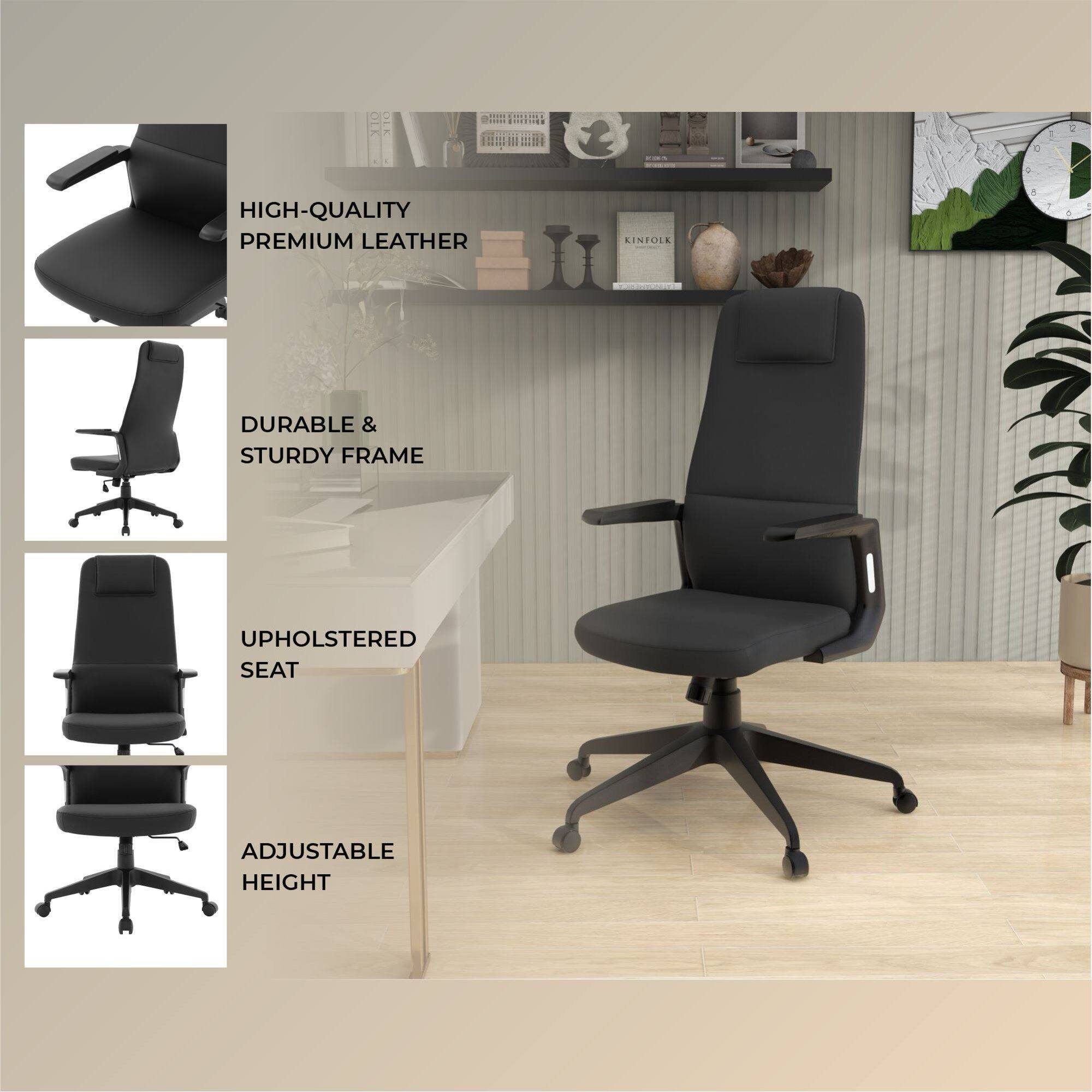 1. High-quality premium leather
2. Durable & sturdy frame
3. Upholstered seat
4. Adjustable height