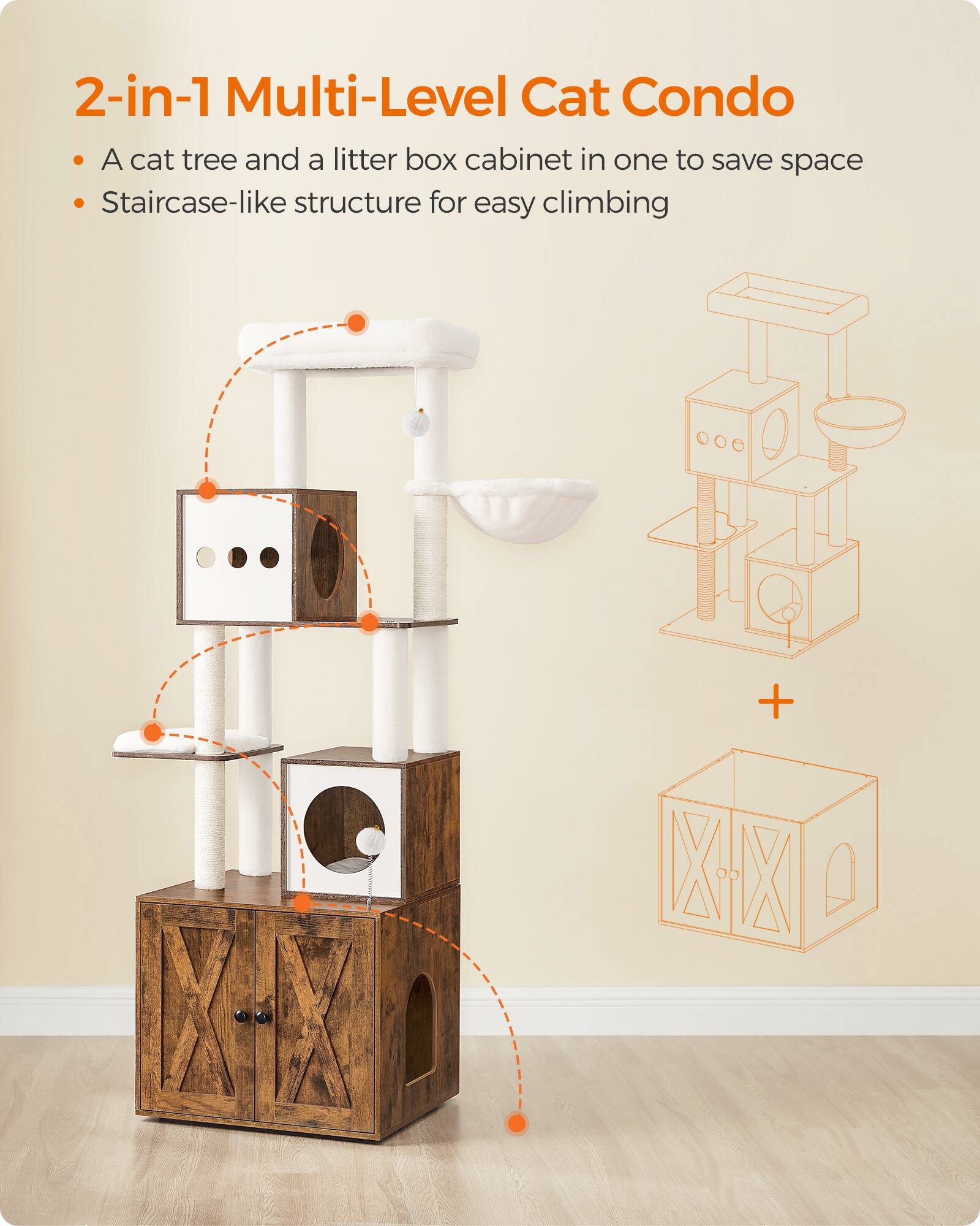 2-in-1 Multi-Level Cat Condo

- A cat tree and a litter box cabinet in one to save space
- Staircase-like structure for easy climbing