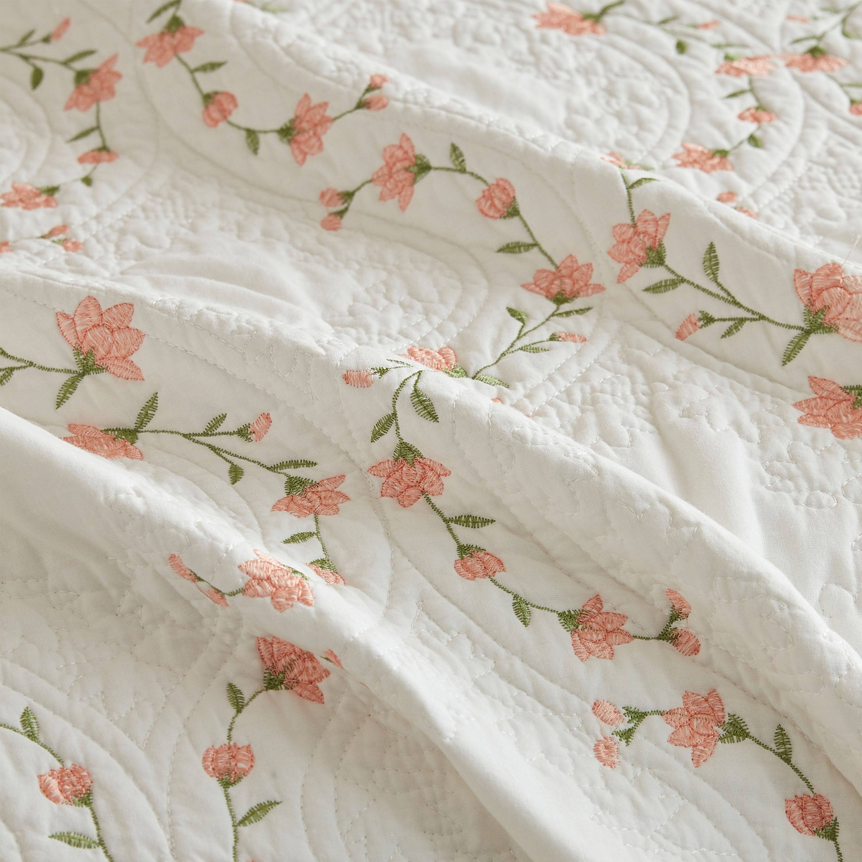 Back. MarCielo - MarCielo 3 Piece Cotton Embroidered Floral Quilt Set – Vintage Farmhouse Bedspread Set - Blush Floral.