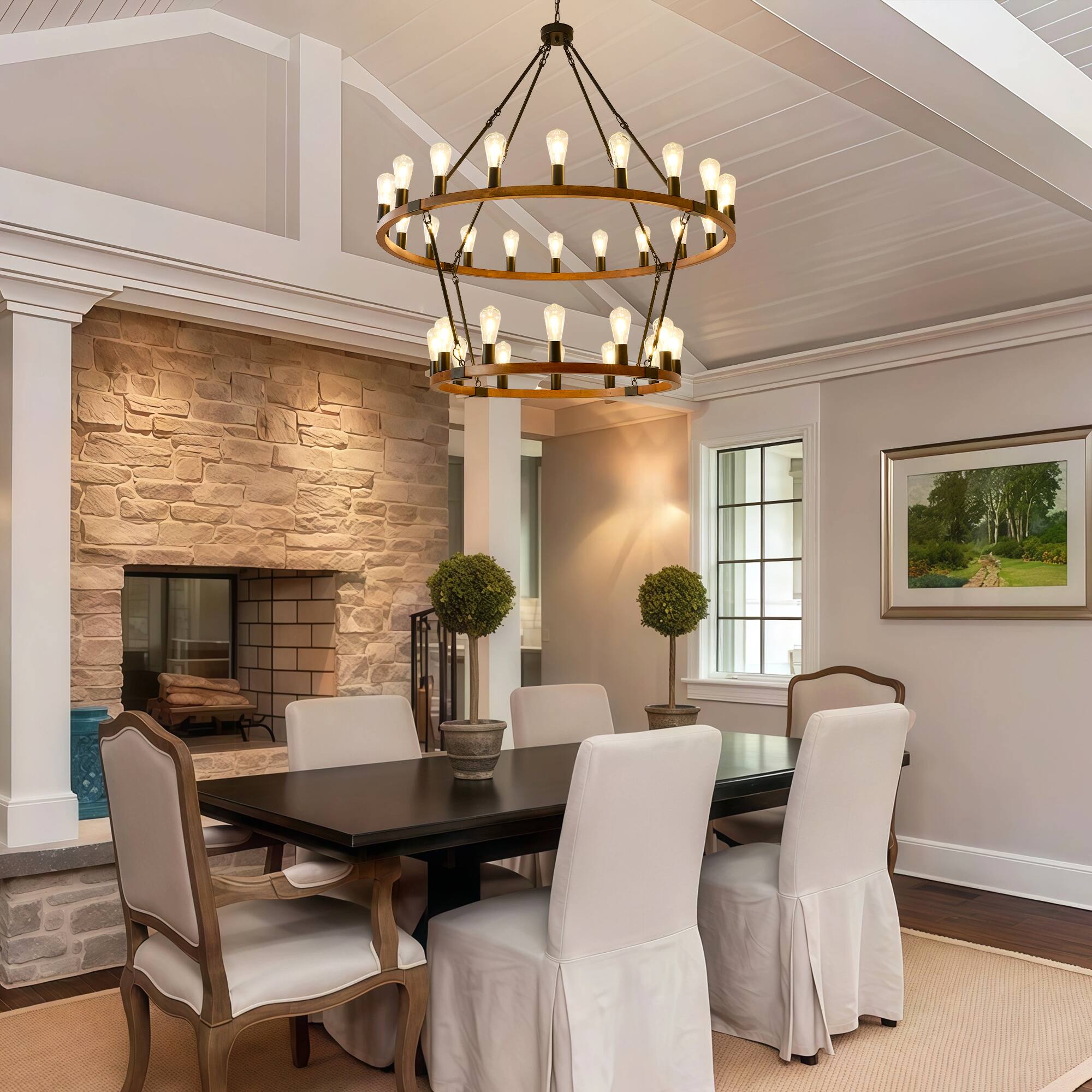 Alt View 2. RYHNUYNE - 2 Tier Wooden Wagon Wheel Chandelier,32-Light 47'' Large Farmhouse Chandelier,Round Wood Chandelier for High Ceiling - Brown.