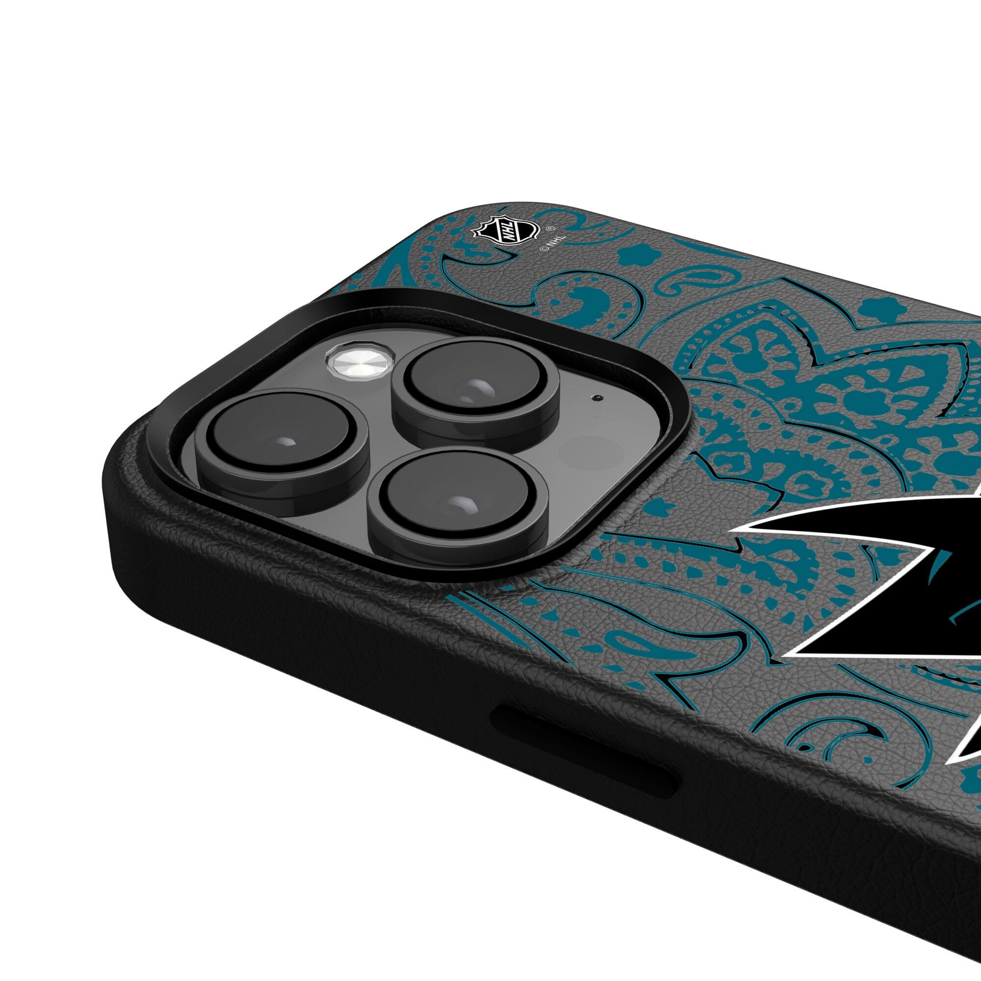 Alt View 3. Keyscaper - Black San Jose Sharks Paisley iPhone Magnetic Bump Case - 15 Pro - Black.