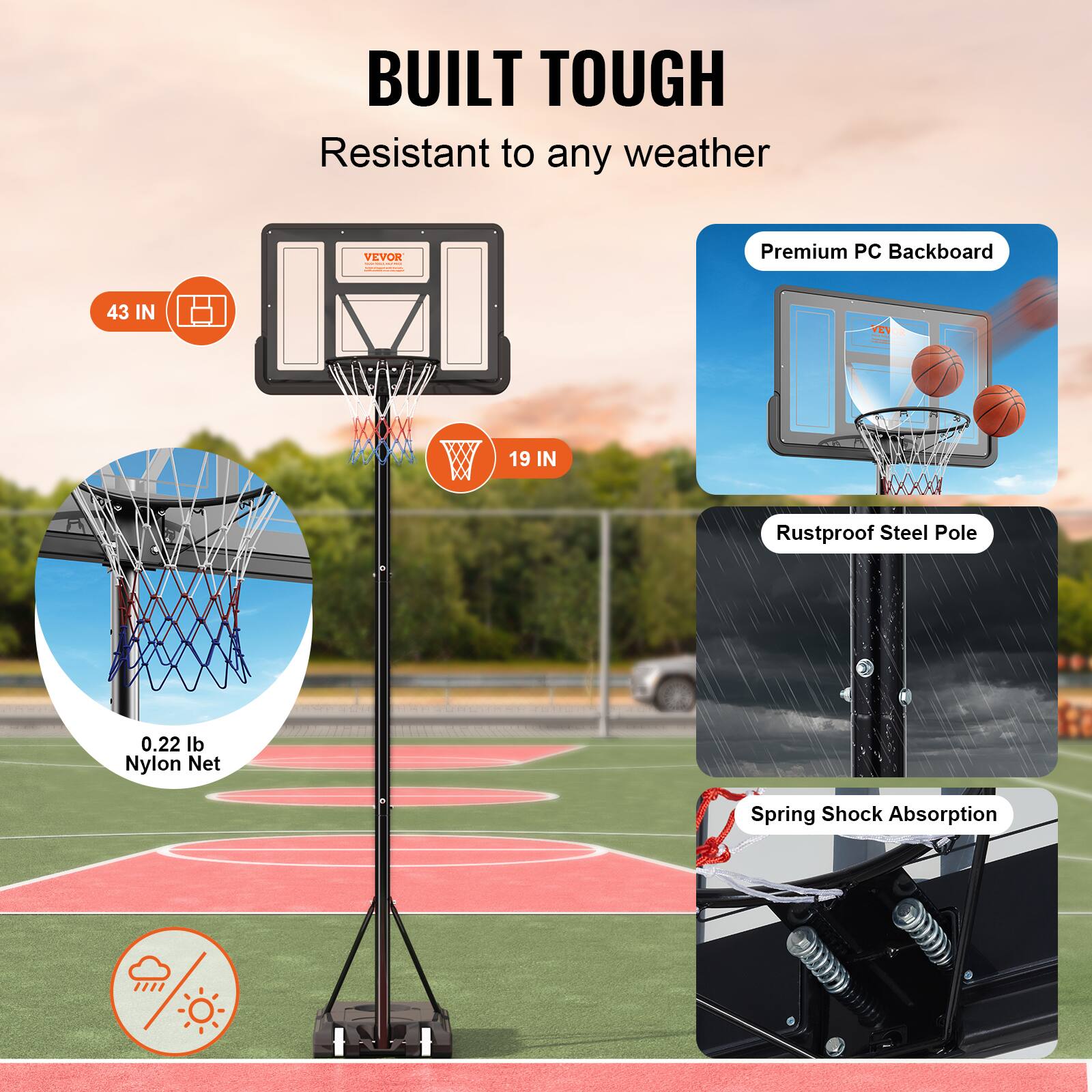 BUILT TOUGH, Resistant to any weather, VEVOR, Premium PC Backboard, 43 IN, 19 IN, Rustproof Steel Pole, 0.22 lb Nylon Net, Spring Shock Absorption, H