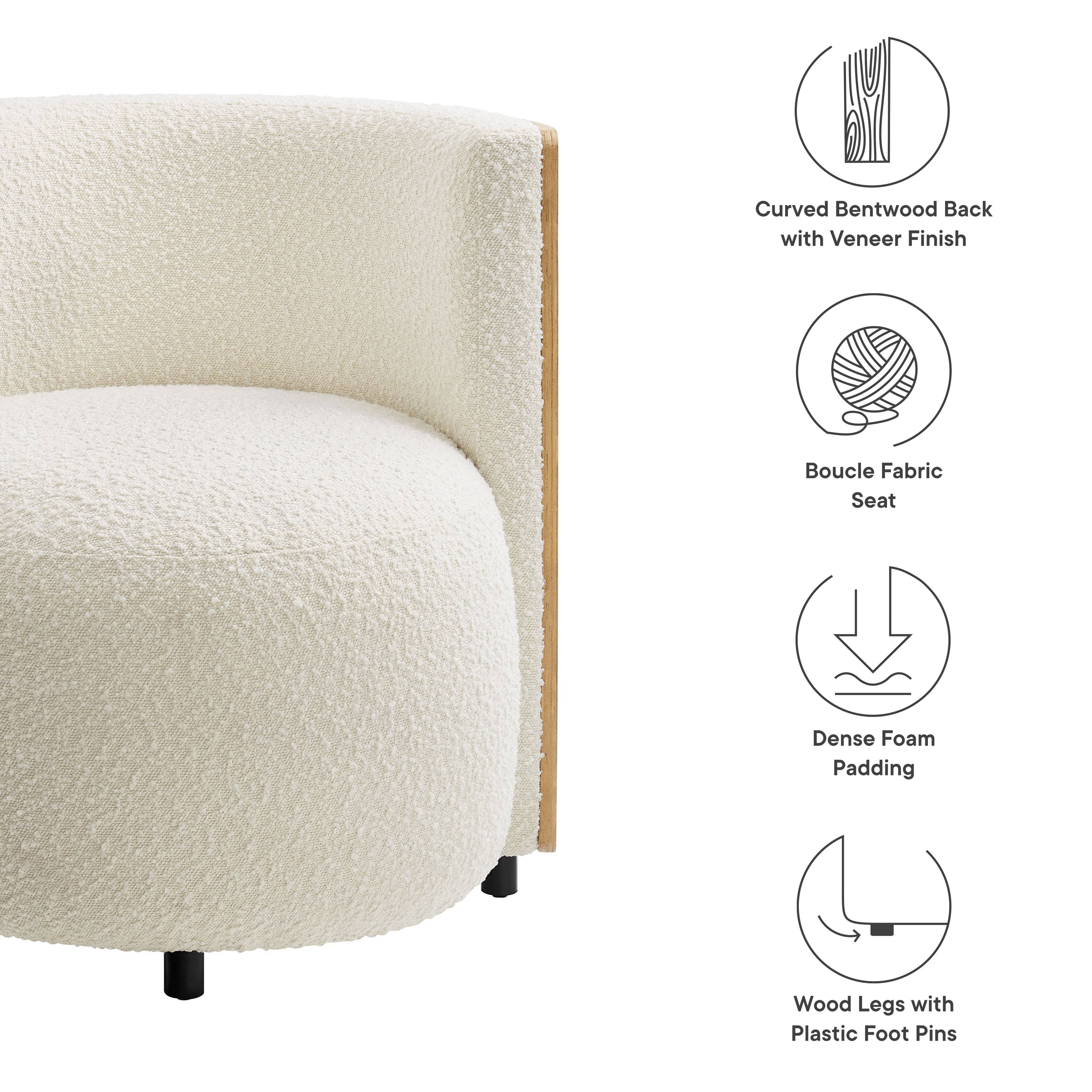 Curved Bentwood Back with Veneer Finish  
Boucle Fabric Seat  
Dense Foam Padding  
Wood Legs with Plastic Foot Pins