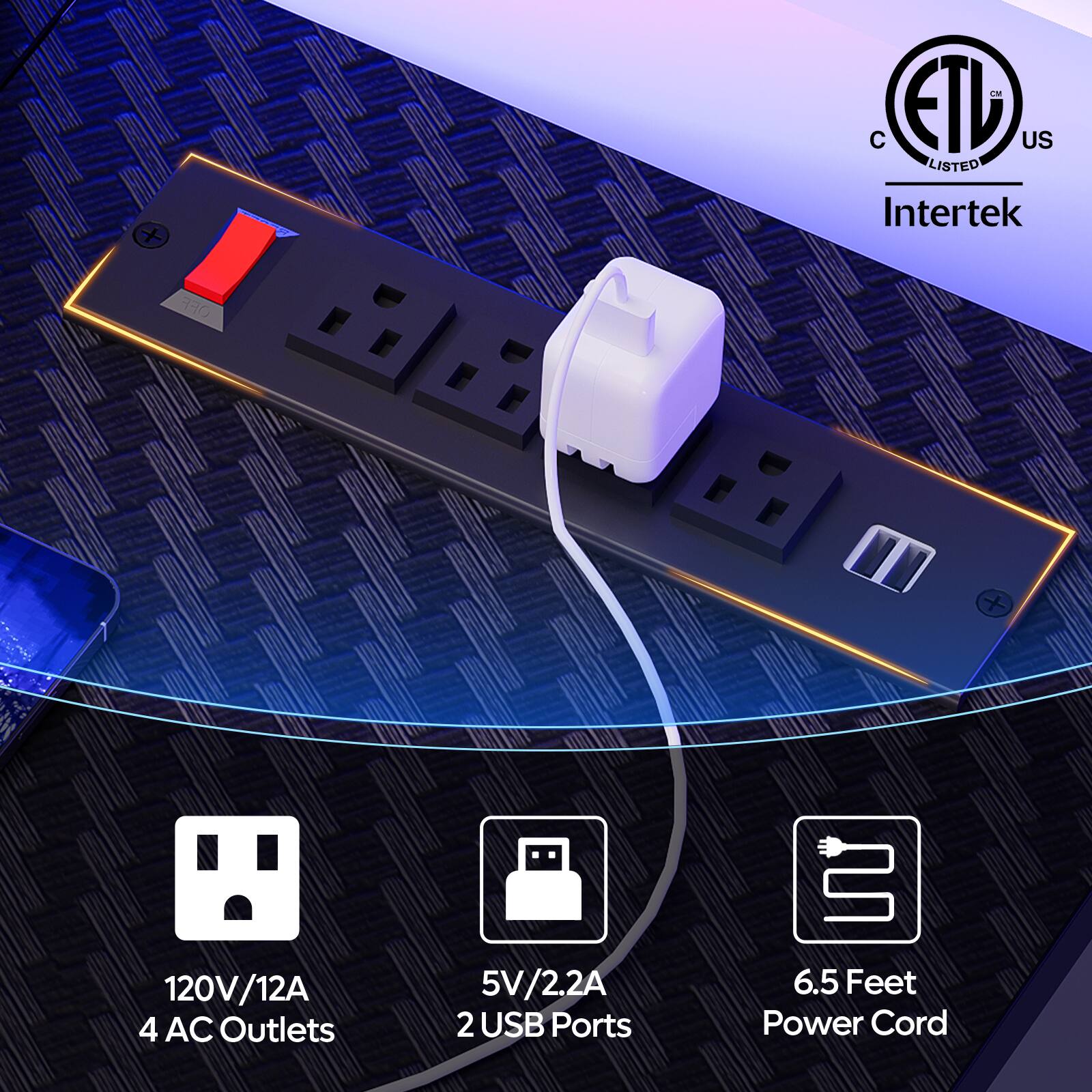 The text on the image is grouped as follows:

1. "Intertek Listed"
2. "120V/12A 4 AC Outlets"
3. "5V/2.2A 2 USB Ports"
4. "6.5 Feet Power Cord"

The corrected text would be:

1. "Intertek Listed"
2. "120V/12A 4 AC Outlets"
3. "5V/2.2A 2 USB Ports"
4. "6.5 Feet Power Cord"