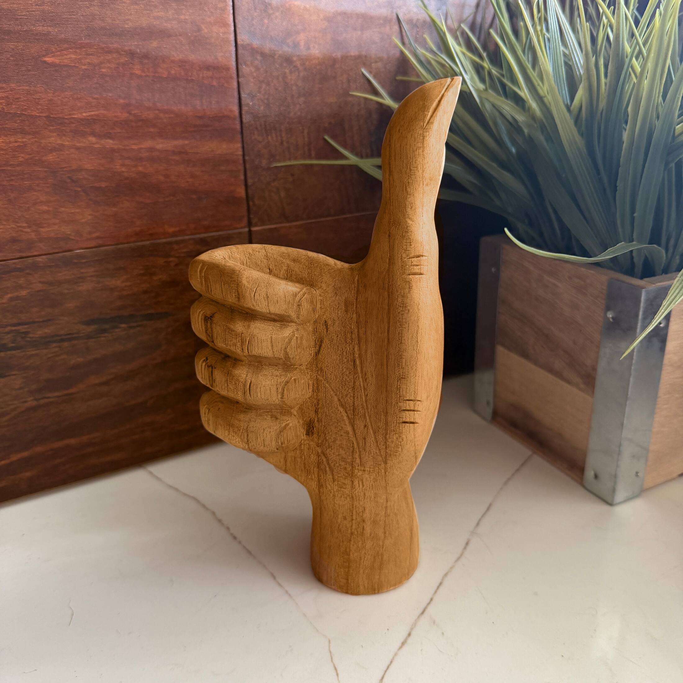 Alt View 3. Zeckos - Hand Carved Wood Thumbs up Hand Statue Natural Tabletop Decor 7.75 Inch Tall - Natural.