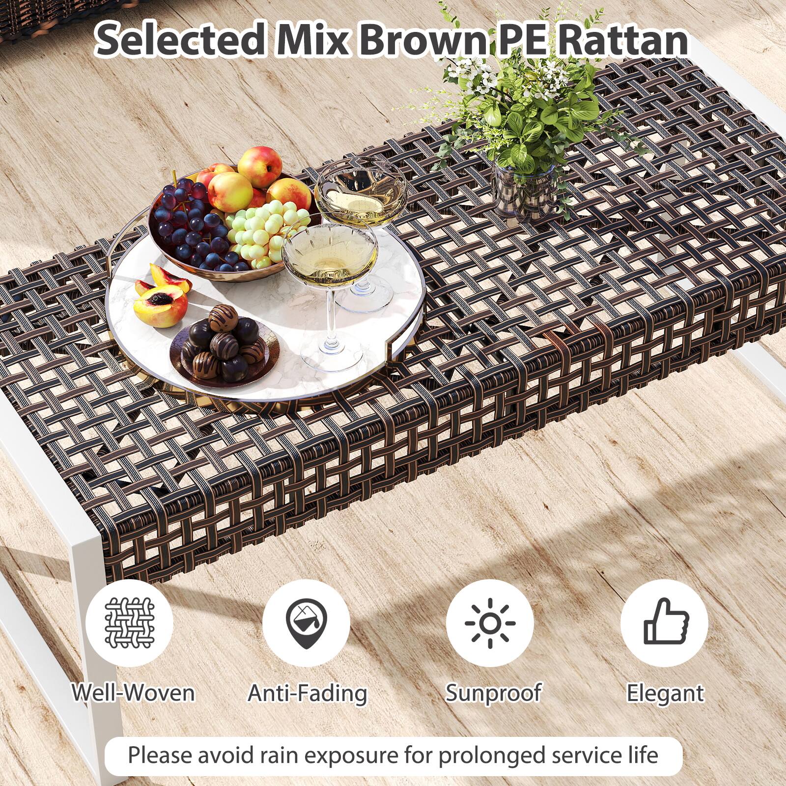 Selected Mix Brown PE Rattan

Well-Woven  
Anti-Fading  
Sunproof  
Elegant  

Please avoid rain exposure for prolonged service life