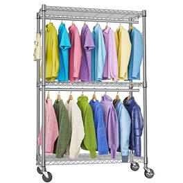 Hirose Alice - Heavy Duty Rolling Garment Rack 3 Tiers Wire Shelving Clothes Rack with Rods and Side Hooks Storage Closet - Chrome 3 Tier and 2 Rod 15.7"D x 45.3"W x 79.6"H
