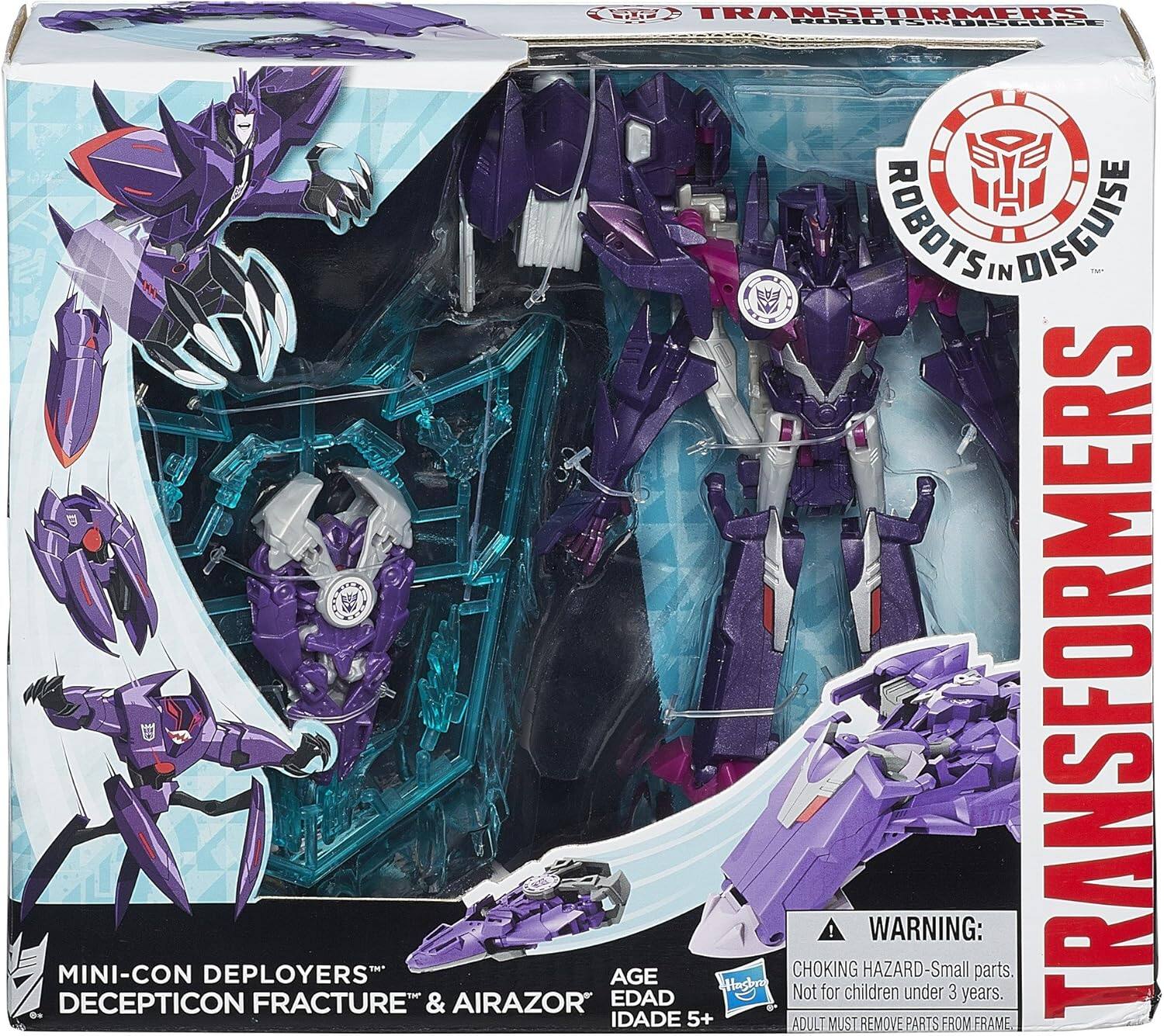 TRANSFORMERS  
ROBOTS IN DISGUISE  
MINI-CON DEPLOYERS™  
DECEPTICON FRACTURE™ & AIRAZOR™  
AGE EDAD IDADE 5+  
WARNING:  
CHOKING HAZARD - Small parts. Not for children under 3 years.  
ADULT MUST REMOVE PARTS FROM FRAME.